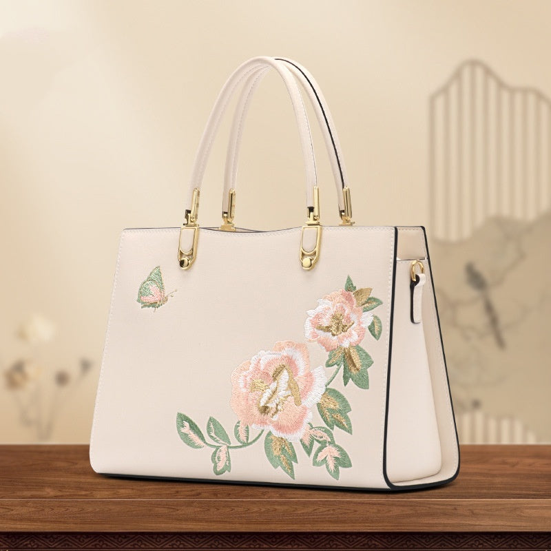 Chinese Peony Butterfly Leather Graceful And Fashionable Large Capacity Embroidery Texture Diana Bag