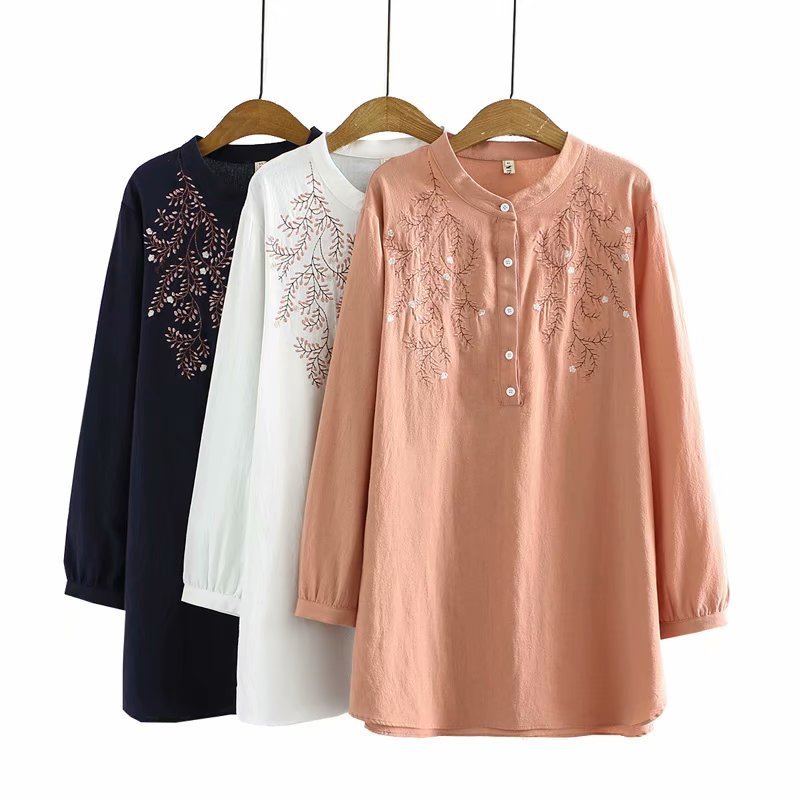 Loose Long-sleeved Stand-collar Ethnic Embroidery Shirt Women's Clothing