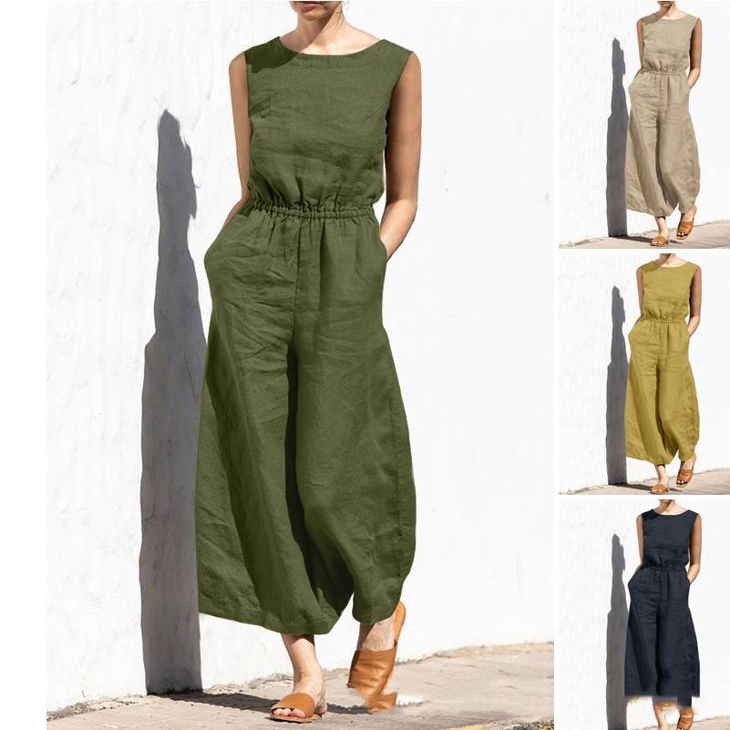 Solid Color Crew Neck Loose Casual Jumpsuit