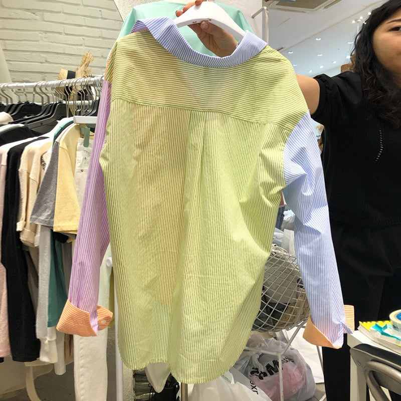 Chemise à manches longues rayée avec coutures de couleur contrastée pour femmes