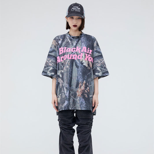 Letter Foamed Print True Leaf Camo Digital Loose Short Sleeve