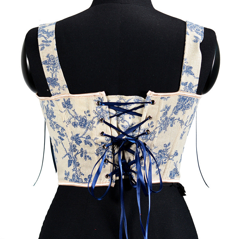 French Orchid Print Strap Fishbone Corset Cropped Tank Top