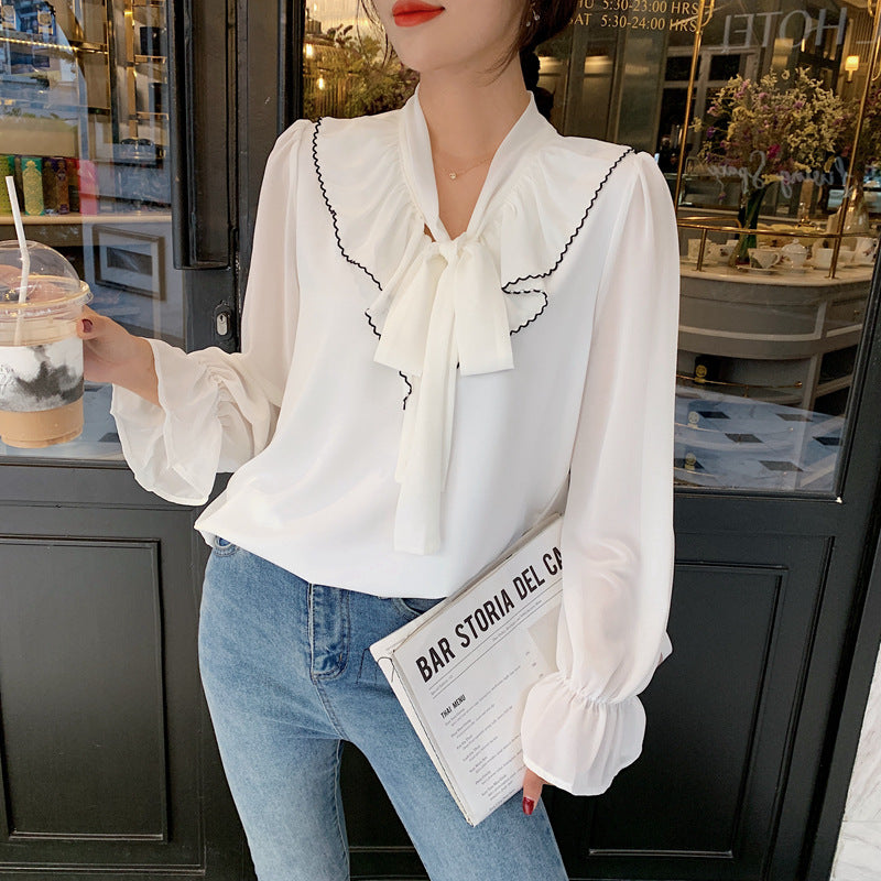 Solid Versatile Color Block For Elegant Banded Chiffon Shirt