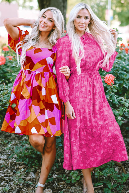 Vestido midi estampado floral plisado con cordón y cintura alta rosa rojo