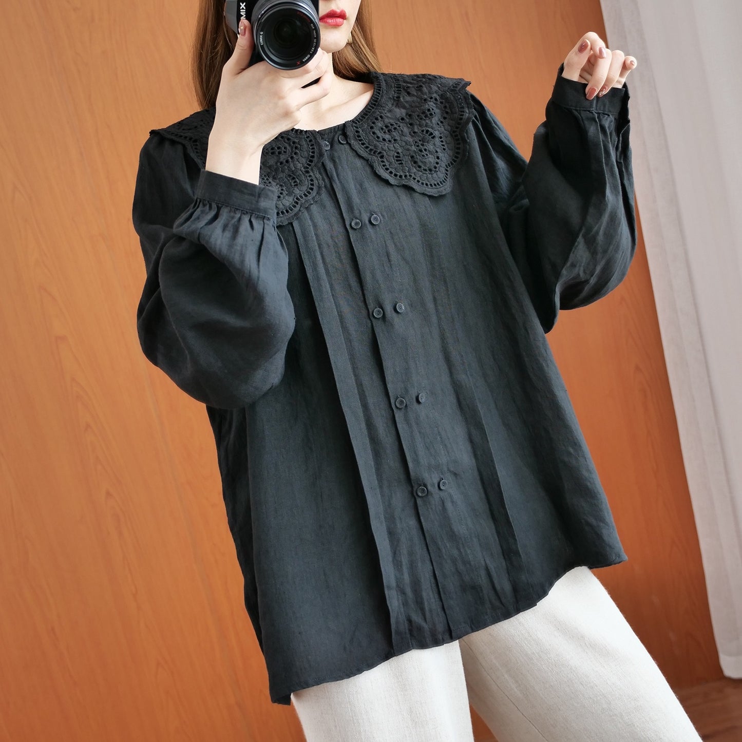 Lace Doll Collar Double Breasted Loose Long Sleeve Shirt