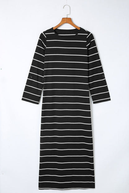 Black Striped Casual Slit Long Dress