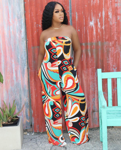 Women's Tube Top Halter Printed Jumpsuit Wide-leg Pants Plus Size Women's Clothing