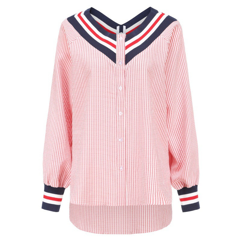 Women's Temperament Striped Loose And Slim V-neck Shirt For Women