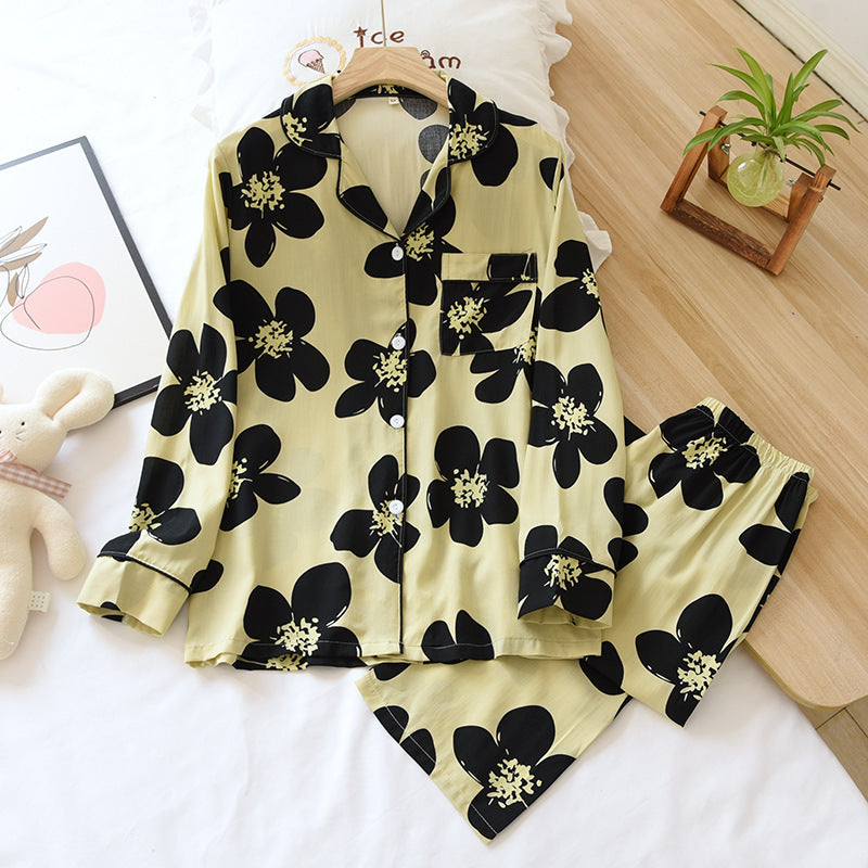 Women's Thin Two Piece Long Sleeve Cotton Silk Pajamas