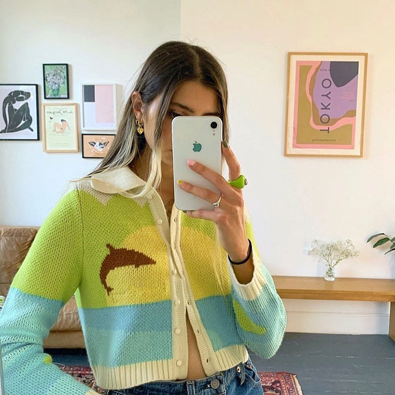 Cette fille personnalité plus jeune âge à la mode Hit couleur imprimé Animal plus mince col Polo tricoté Cardigan femmes été