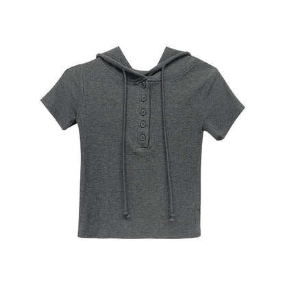 T-shirt à capuche et manches courtes pour femmes, Style sport d'été, boutonné