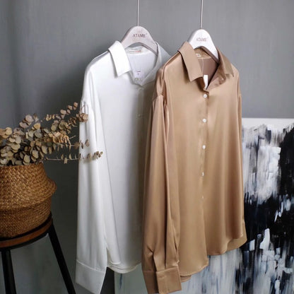 Long New Temperament Drape Silk Satin Loose Shirt