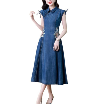 2024 Summer New Cheongsam Modified Version Denim Dress Female Machine Embroidery Retro