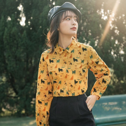 Vintage Hong Kong Style Printed Long-sleeved Shirt Top