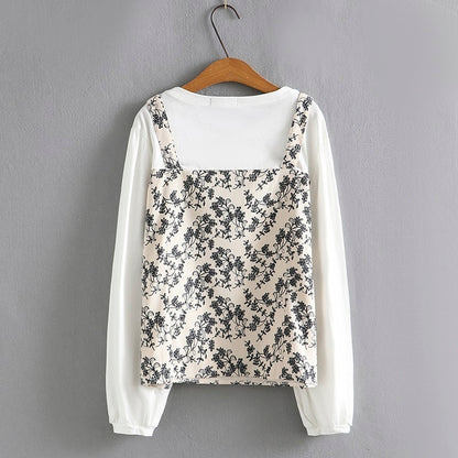 Spring Ladies Loose Print Patchwork Long Sleeve Bottoming Shirt