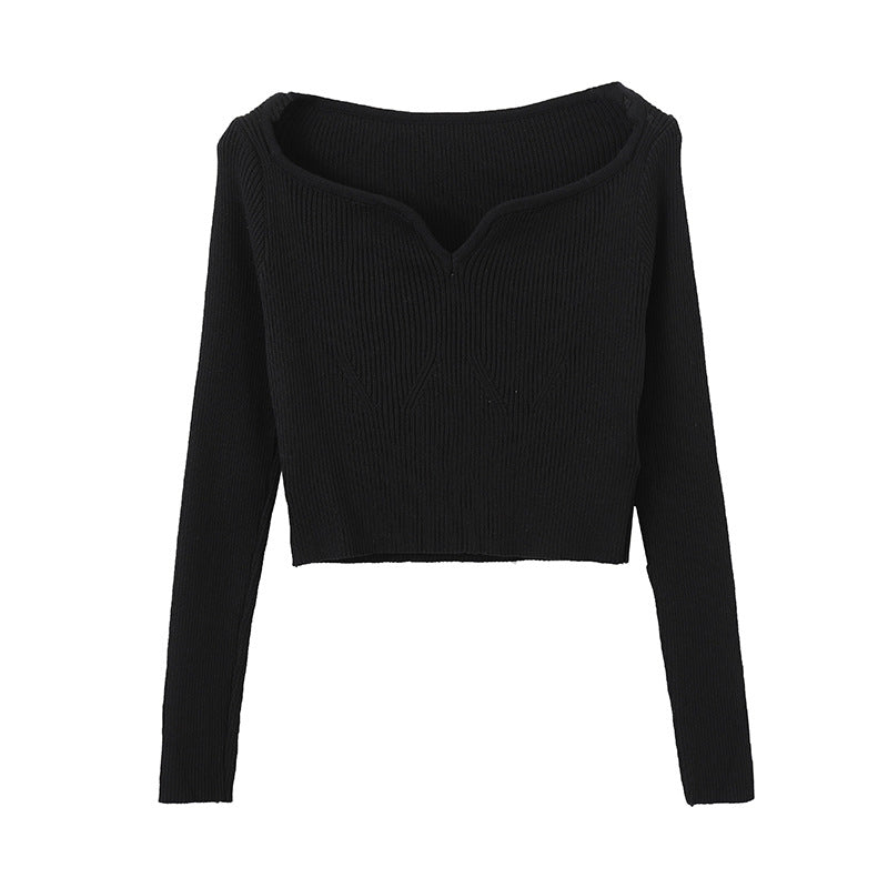 Pull tricoté court à col pétale pour femme