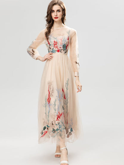 Exquisite Embroidery Floral See-through Apricot Dress Long Princess Style Dress