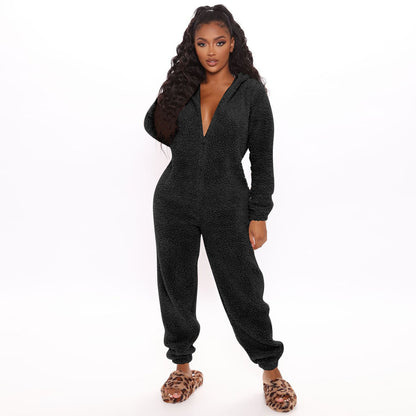 Pure Color Plush Hooded Long-sleeved Warm Home Jumpsuit With Ears