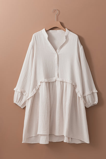 Apricot Frill Trim Half Buttoned Textured Dress