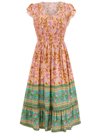 Robe d'été décontractée à volants, sans manches, imprimé floral, col en v, style bohème, vêtements de plage, vacances, nouvelle collection