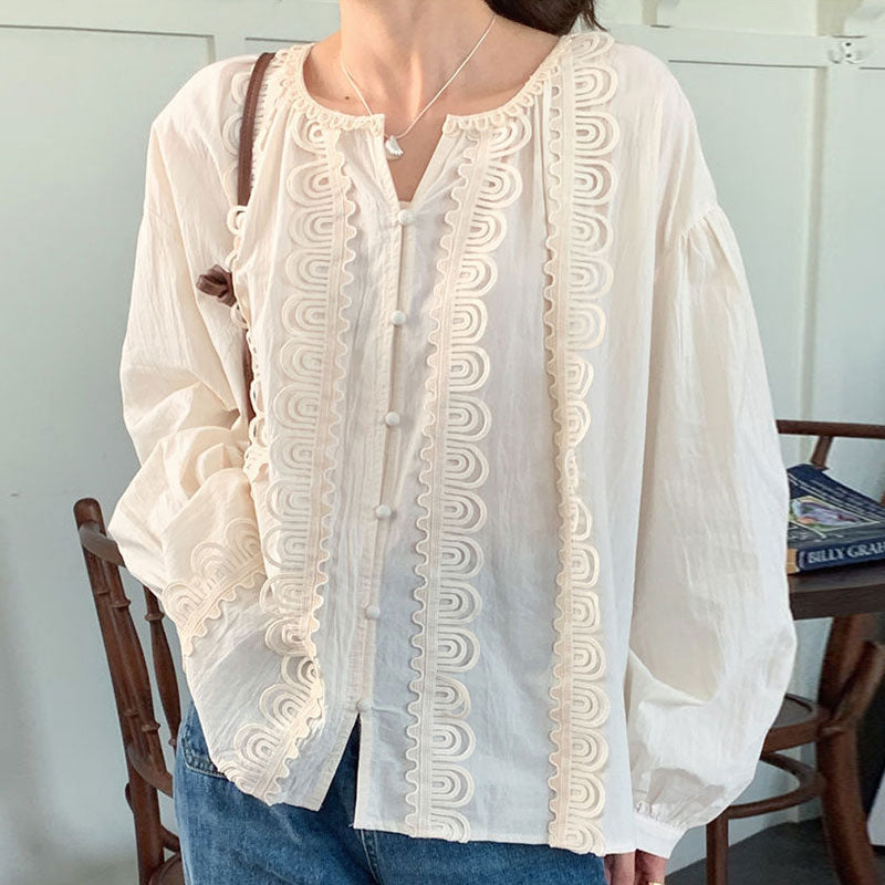 French Simple Round Neck Patchwork Cut Out Lace Shirt