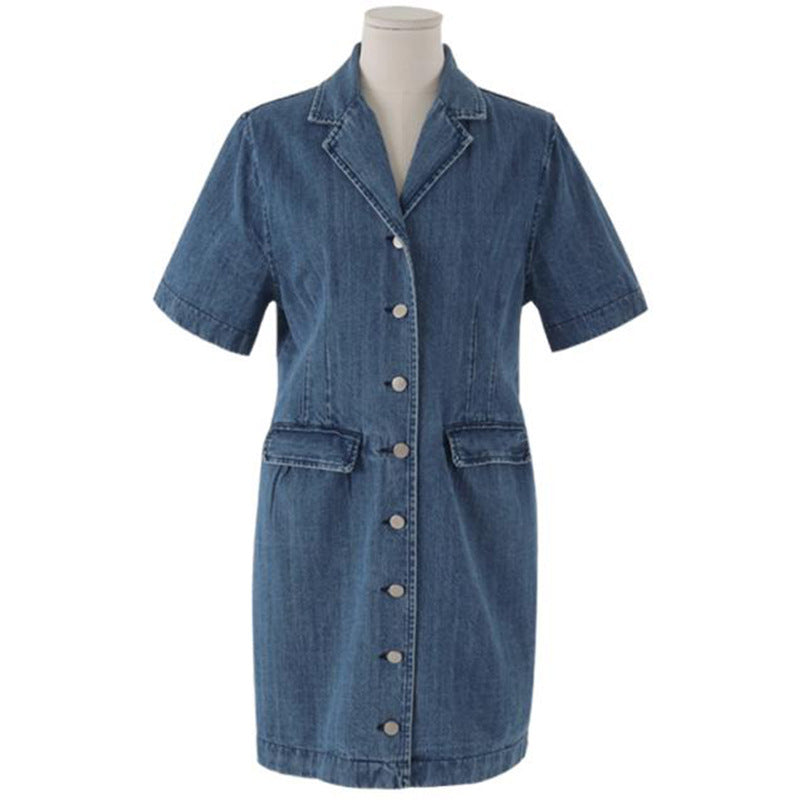 Women's Loose Double Pocket Small Short Sleeve Denim Dress