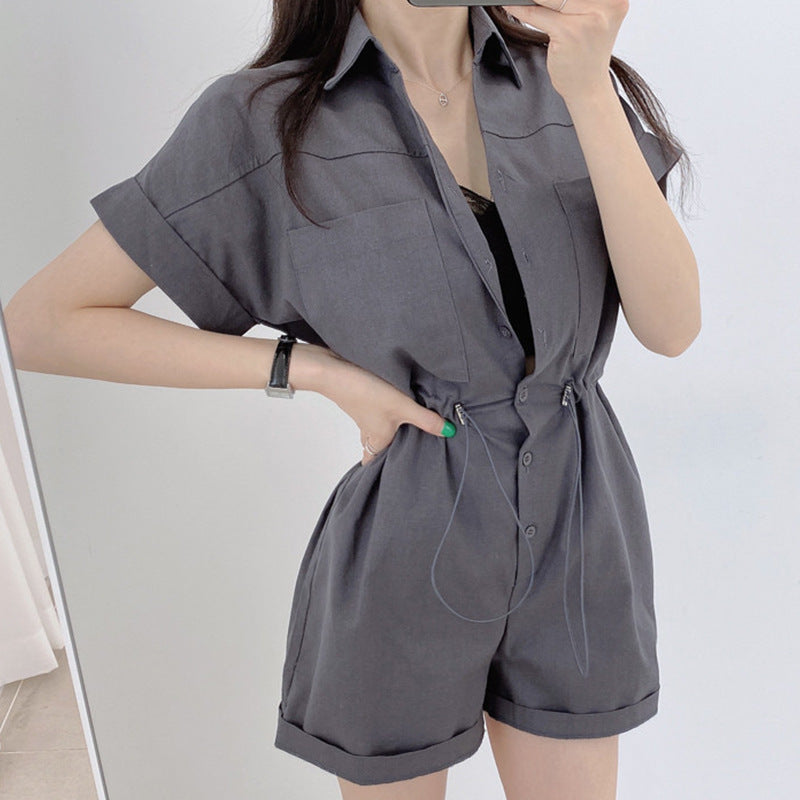 Single-breasted Large Pocket Drawstring Waist Trimming Short-sleeved Casual Jumpsuit Shorts For Women