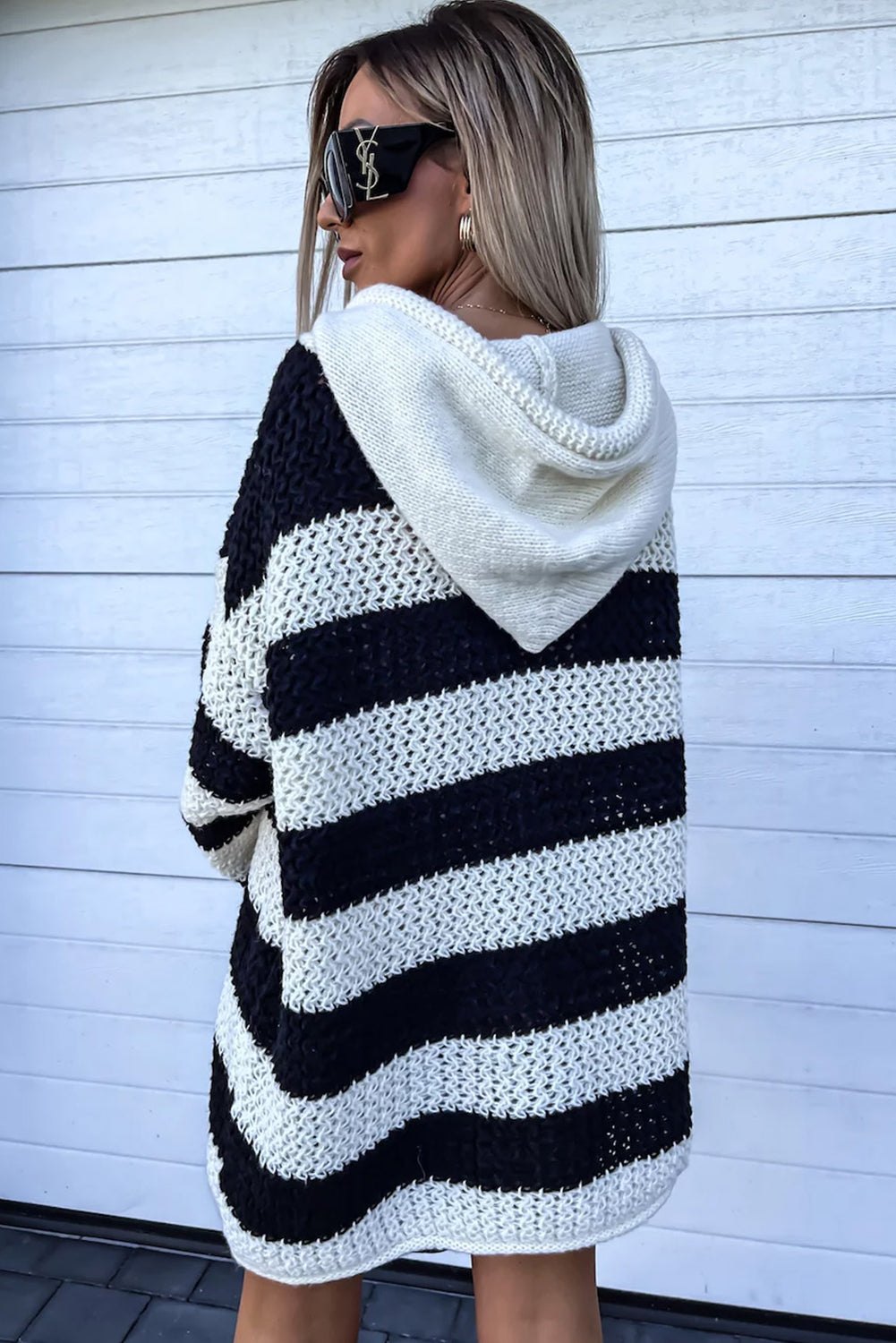 Black Striped Braided Tassel Hooded Sweater Dress