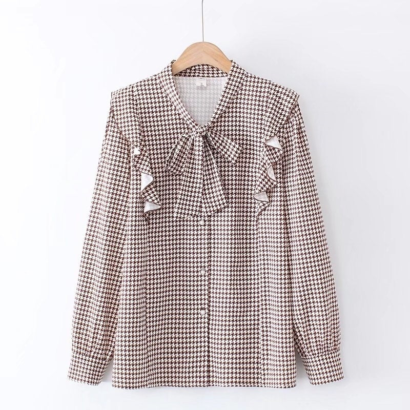 Plus Size Women's Slim And Loose Houndstooth Retro Shirt