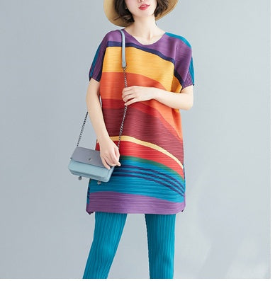 Korean Style Slim Top Plus Size Loose Rainbow Stripe