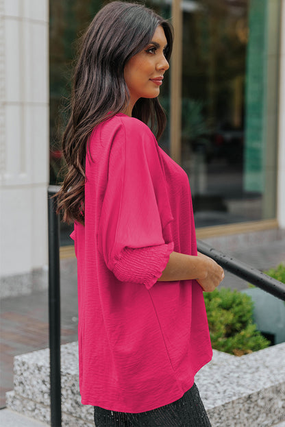 Apricot Solid Casual Smocked Cuffs Batwing Sleeve Blouse