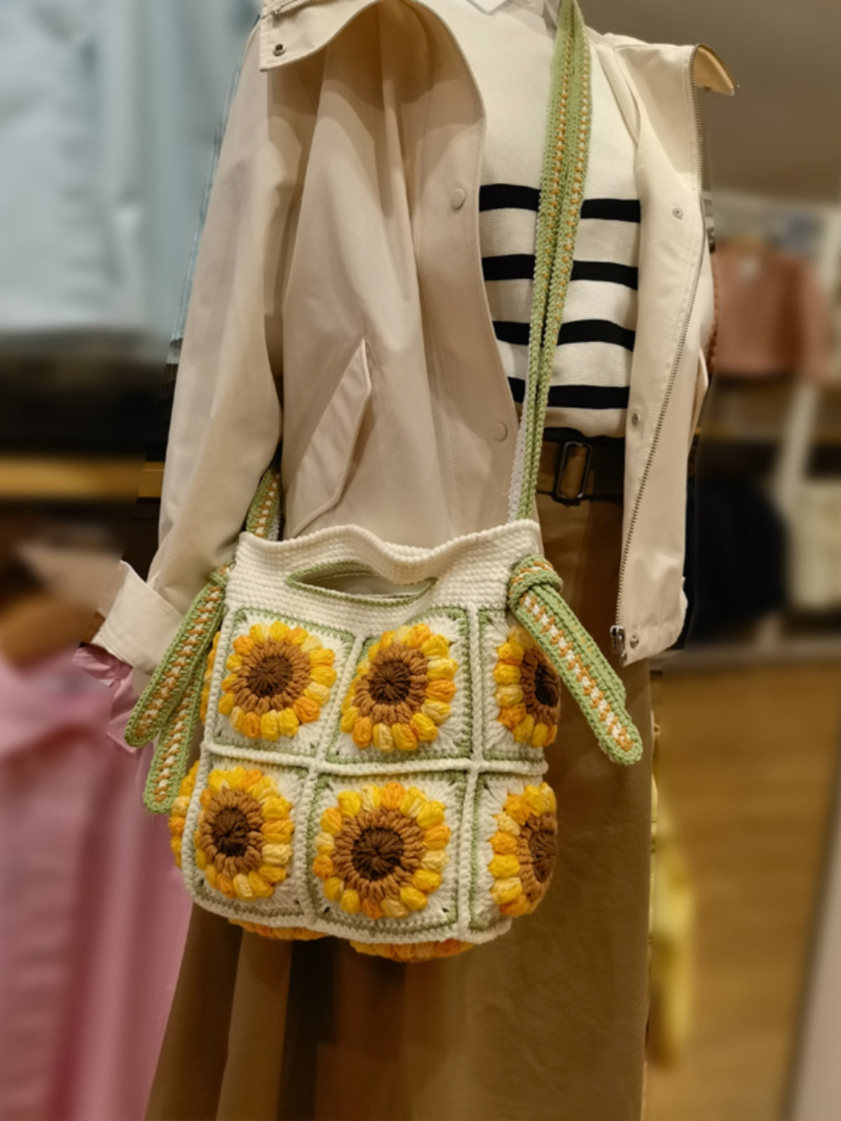 Bolso bandolera de lana de ganchillo para mujer, de doble uso, tejido a mano con girasoles