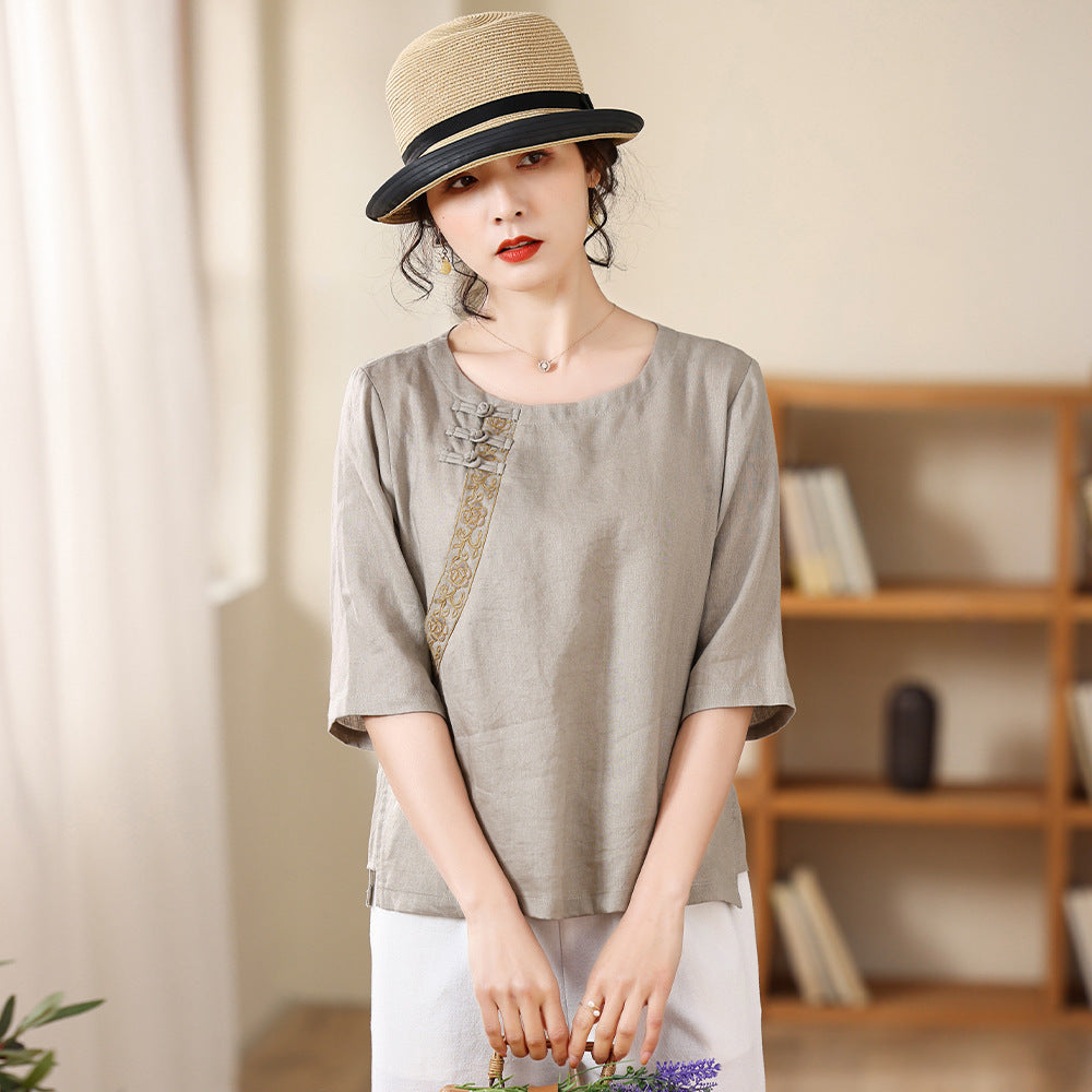 Linen Embroidered Chinese Crew Neck Top Pullover