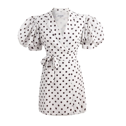 Retro Court Polka Dot Wrap Puff Sleeve Dress