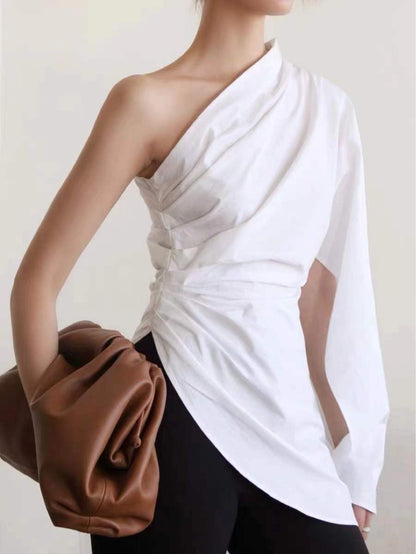 Chain Around Neck Slim Pleats One Shoulder Sleeves Back Shirt