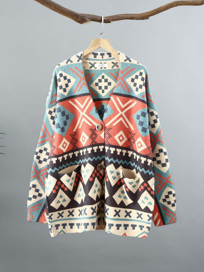 Fashion Plaid Printed Loose V-Neck Cardigan