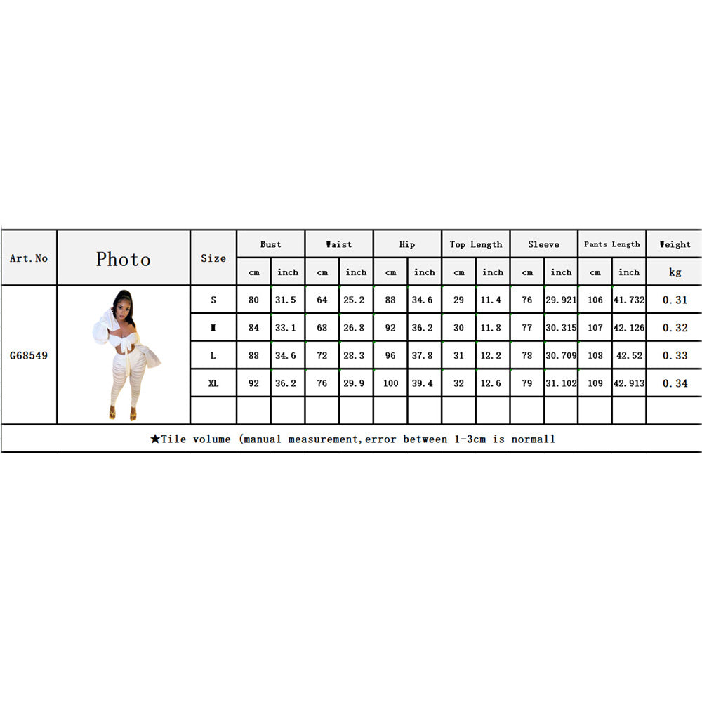 European And American Women's Clothing Bell Sleeve Off-neck T-shirt Mesh Pleats Trousers Suit