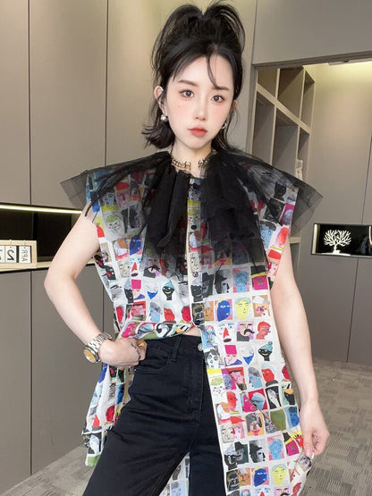 New Mid-length Cartoon Printed Mesh Patchwork Top