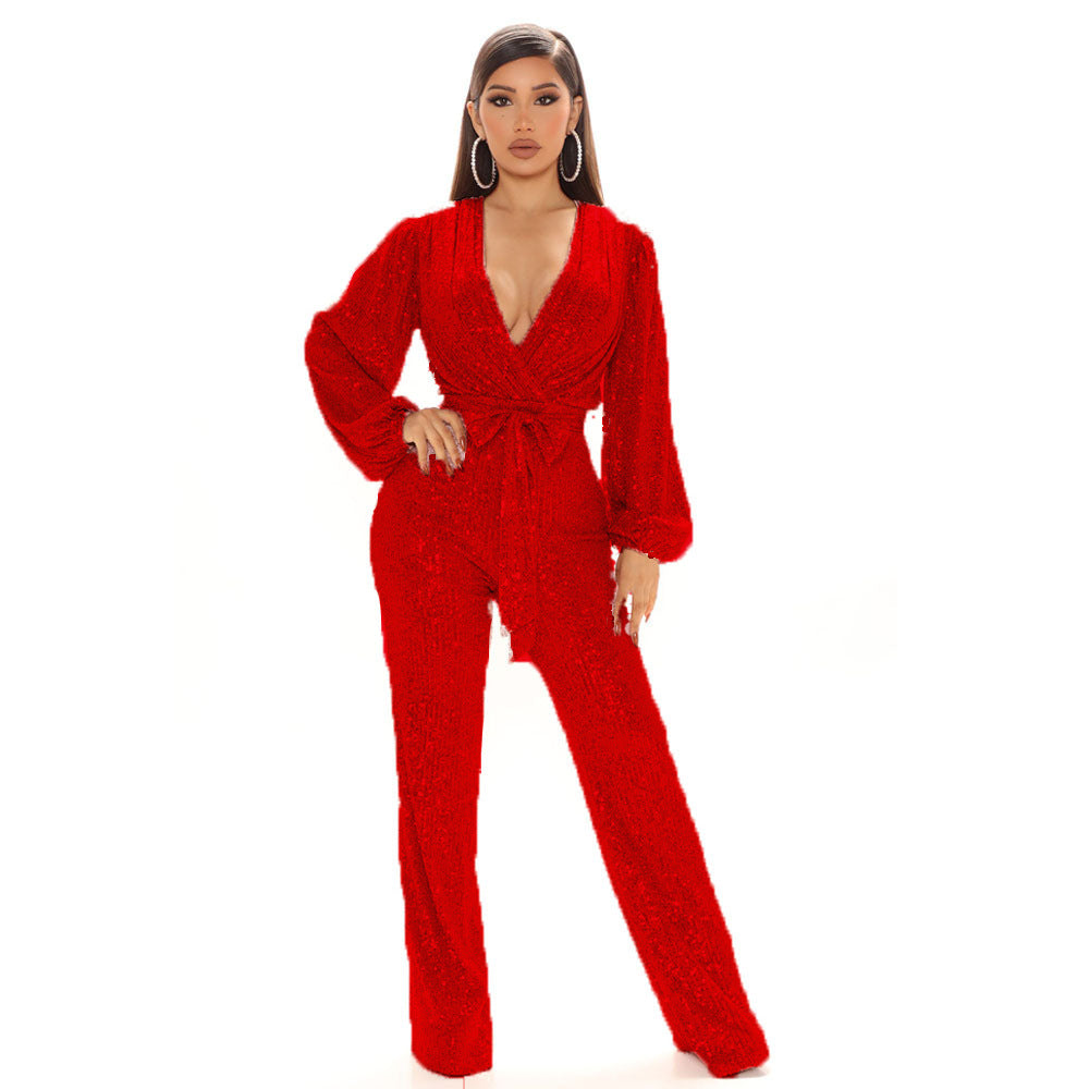 Women's Sequined Deep V-neck Long-sleeved Jumpsuit Trousers