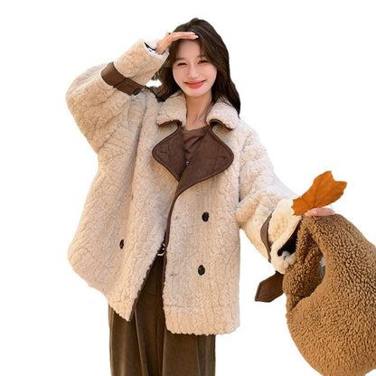 Retro Color Contrast Patchwork Lapel Loose Double Breasted Fur Coat