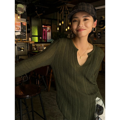 Senior Sense Gentle Top V-neck Pit Strip Sweater Female Inner Match Slim Irregular