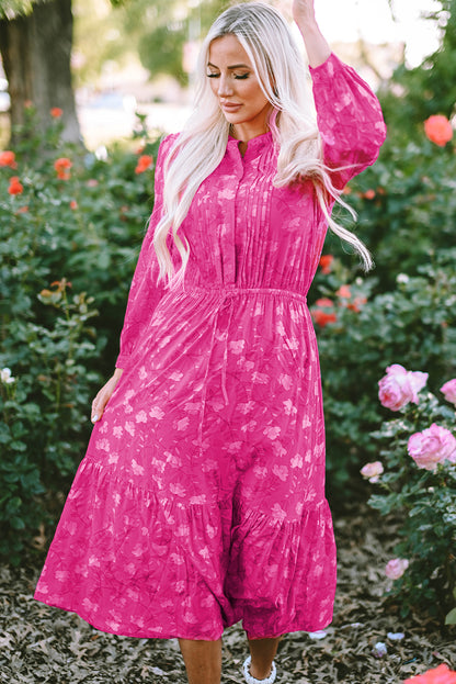 Vestido midi estampado floral plisado con cordón y cintura alta rosa rojo