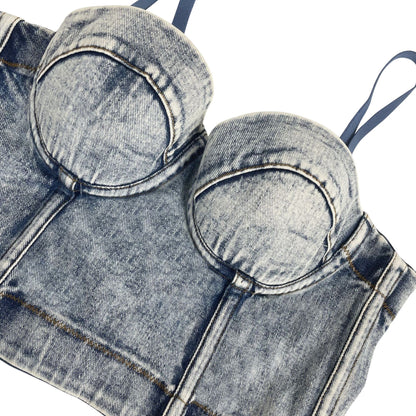 Gray Hanging Dyed American Retro Fishbone Denim Camisole