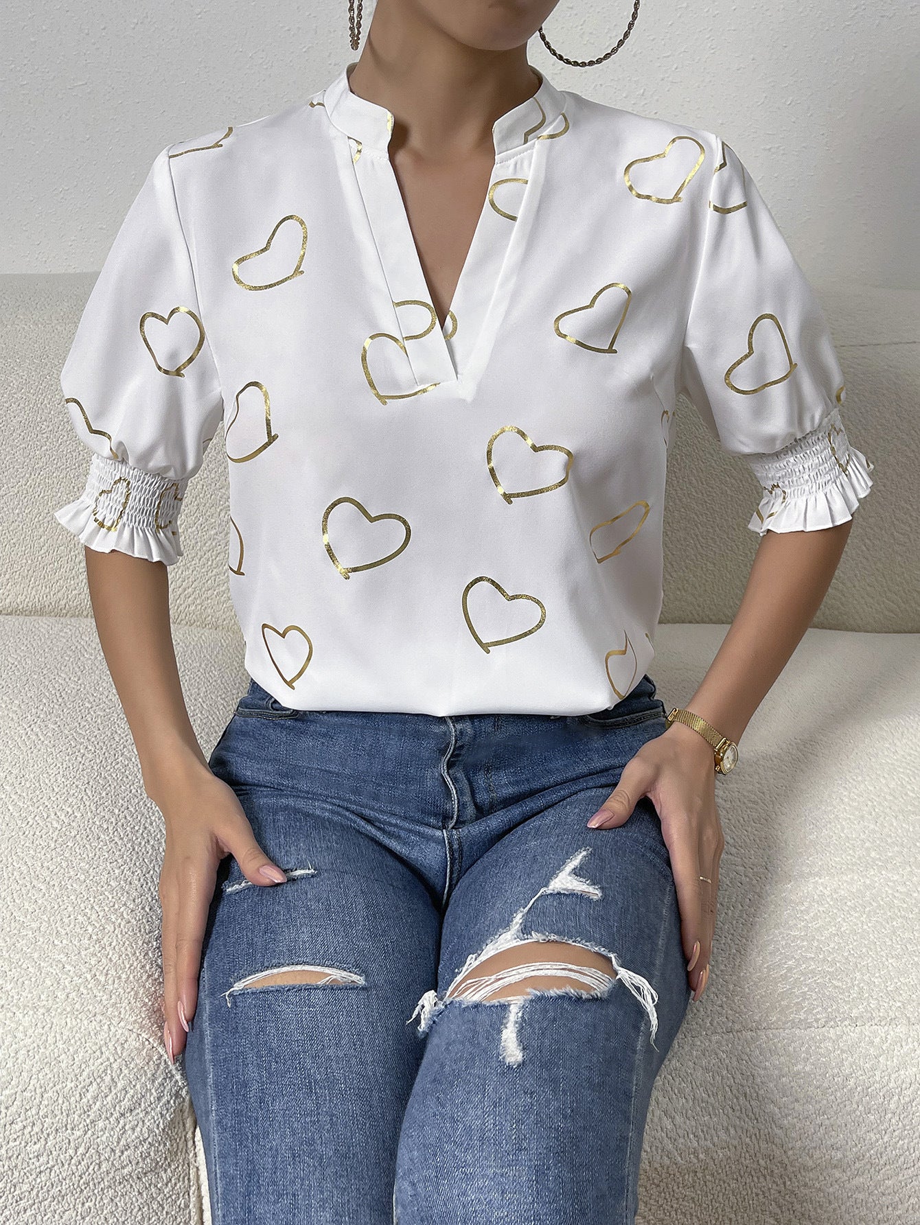 Heart Print Notched Neck Half Sleeve Blouse