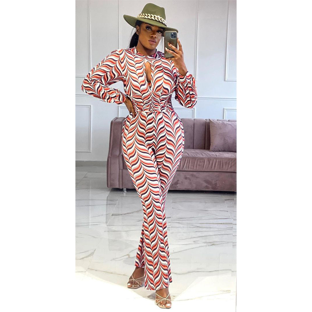 Cutout Nipped Waist Smocked Print Flared Jumpsuit