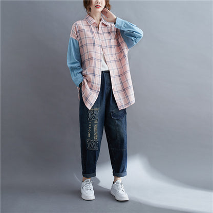 Patchwork Long-sleeved Loose Fit Oversized Shirt