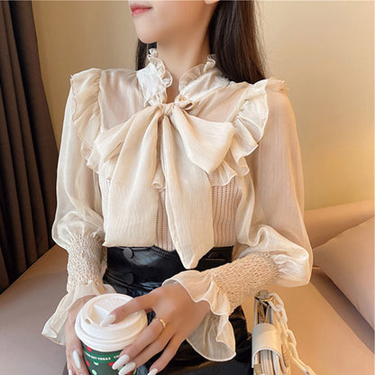 Women's Solid Color Sweet Lace Bow Shirt