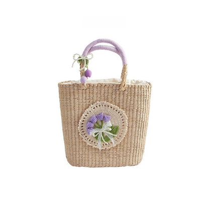 Bolso de paja tejido a mano informal Flor cuadrada vertical Púrpura