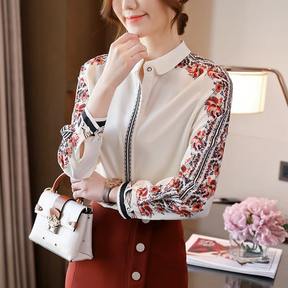 Silk Ladies Shirt Print Elegant Long Sleeve Top