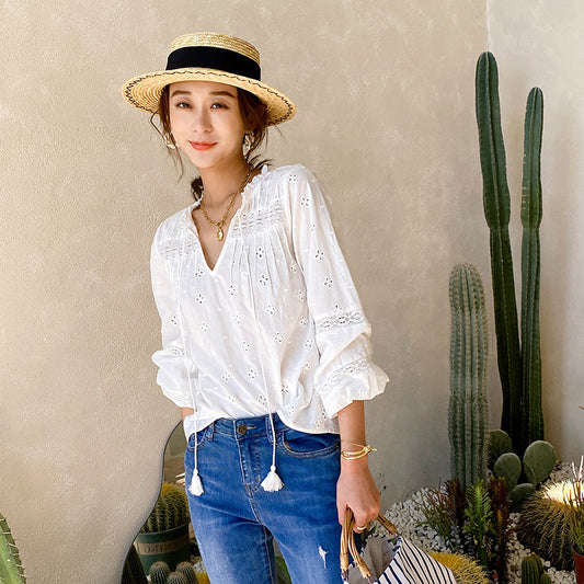 Chemise française brodée en coton blanc à manches longues pour femmes